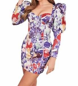 NEW LAVISH ALICE puff sleeve satin floral mini dress in multi